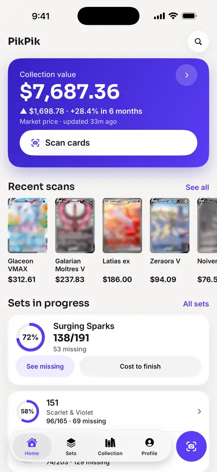 PikPik home screen: collection value $7,687.36, recent scans and sets in progress