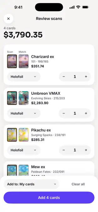 Review scans: four cards worth $3,790.35, each scan next to the matched card