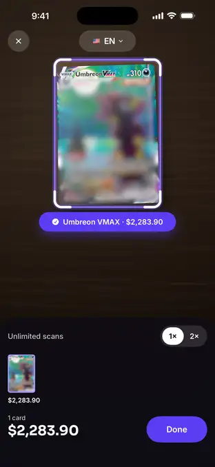PikPik scanner recognising a card with its name and price shown under it