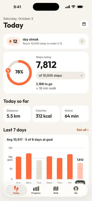 Step Counter today: 7,812 of 10,000 steps, 78% of the goal, 5.5 km walked