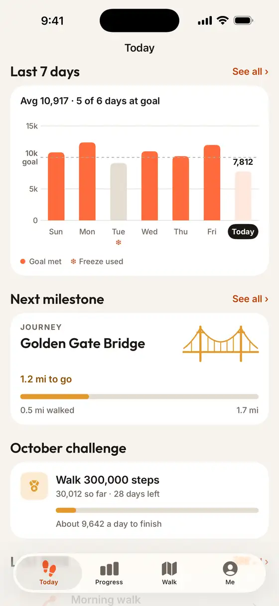Last 7 days: average 10,917 steps, 5 of 6 days at goal, one frozen day