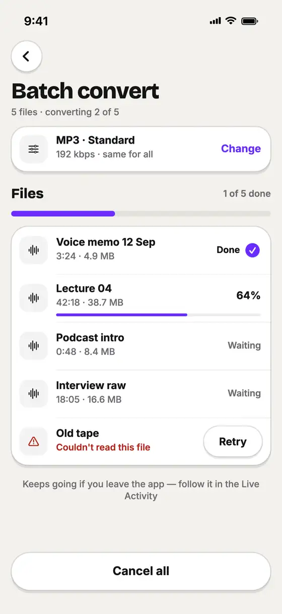 Batch convert: 5 files to MP3 Standard, 2 of 5 converting, the rest waiting