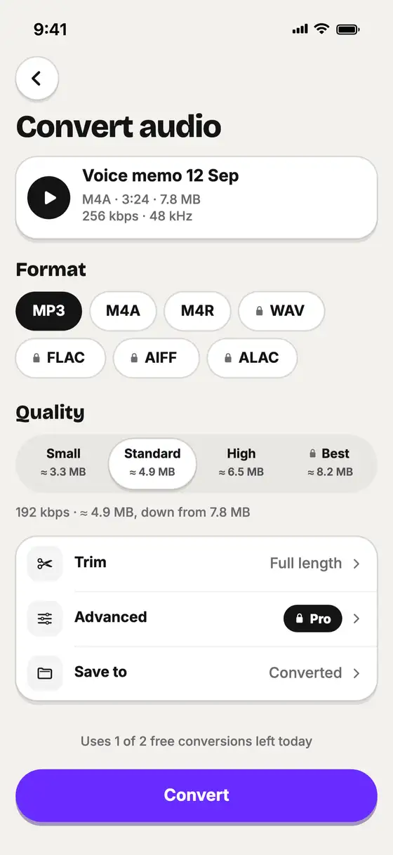 Convert audio: a 7.8 MB M4A voice memo to MP3 at 192 kbps, about 4.9 MB