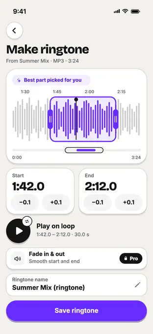 Ringtone editor: 30-second window from 1:42.0 to 2:12.0, play on loop, Save ringtone