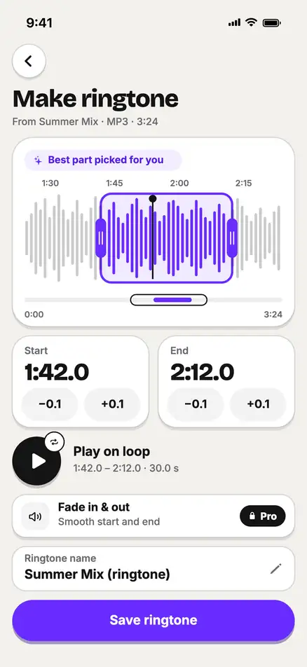 Ringtone editor with a 30-second selection on the best part of the song