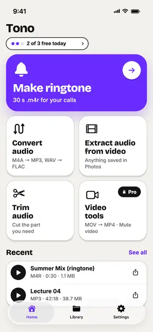 Tono home screen with Make ringtone, Convert audio, Extract audio from video and Trim audio