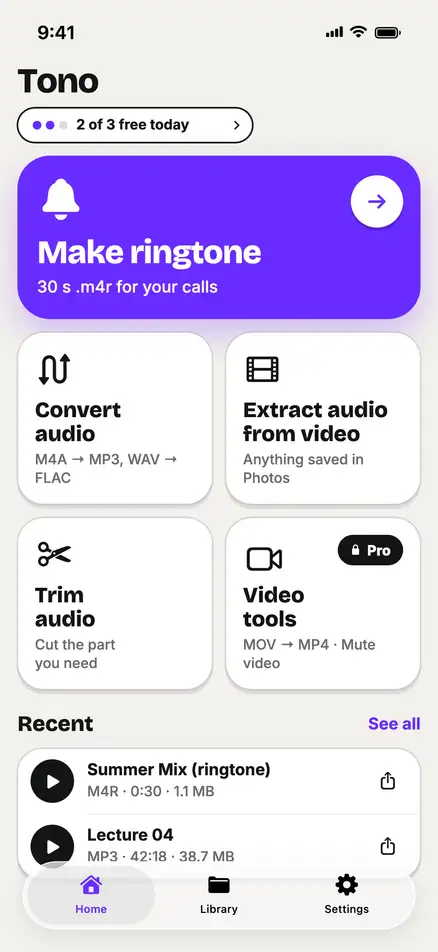 Tono home: Make ringtone, Convert audio, Extract audio from video, Trim audio