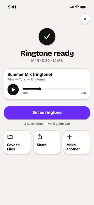 Ringtone ready: M4R, 0:30, 1.1 MB, with Set as ringtone, Save to Files, Share and Make another