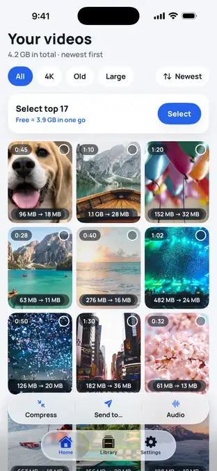 Video Compressor home screen: newest videos first, each with its expected size