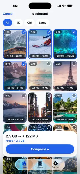 Four large videos selected: 2.5 GB becomes about 122 MB, freeing about 2.4 GB