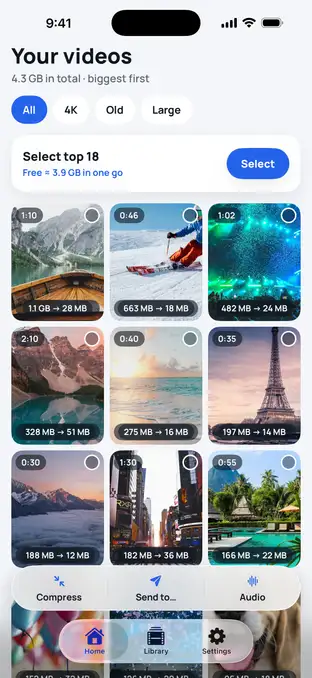 Video Compressor home: 4.3 GB of videos, biggest first, each thumbnail shows its size before and after