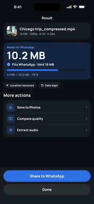 Result screen: 10.2 MB, fits WhatsApp’s 16 MB limit, with a Share to WhatsApp button
