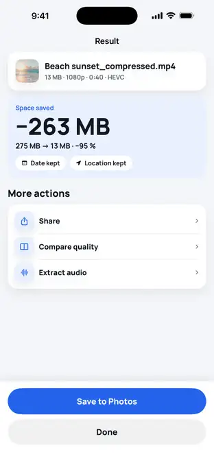 Result screen: 275 MB compressed to 13 MB
